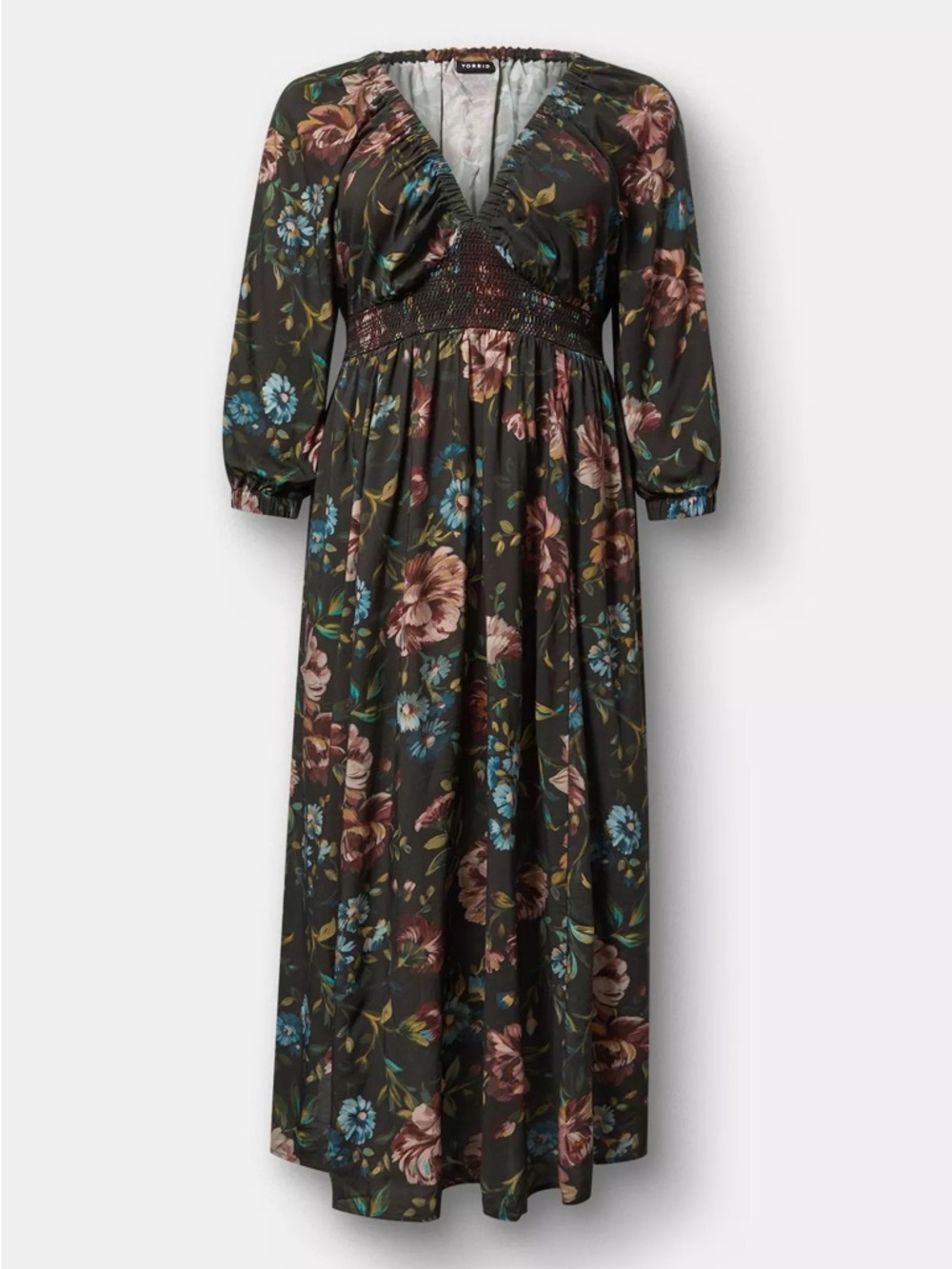 Secret Garden Floral Phantom Smocked Waist Maxi Dress - 3/4 Sleeve & Pockets